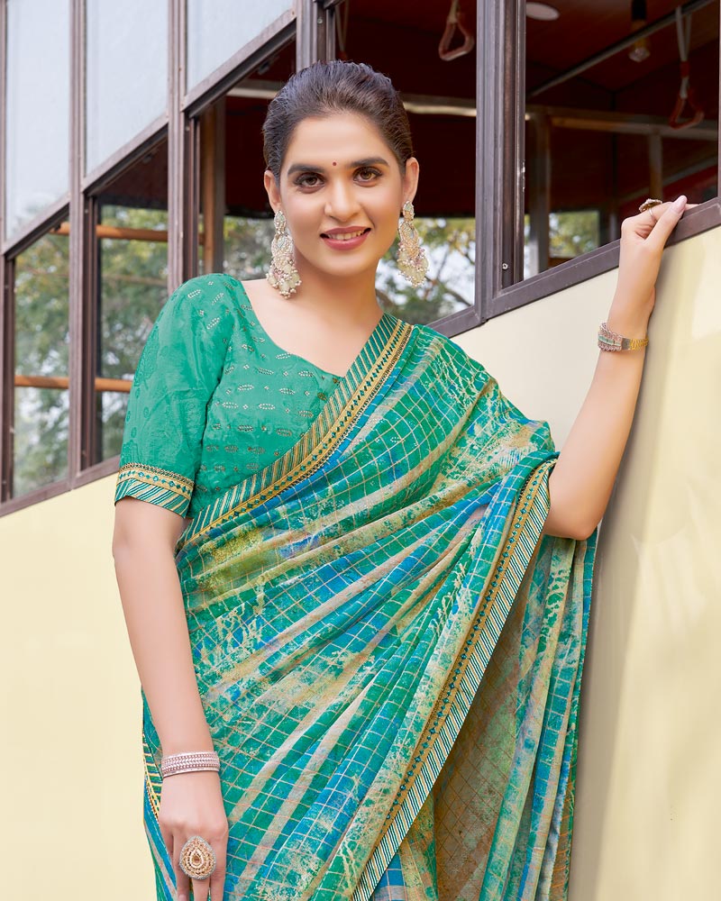 Vishal Prints Mint Green And Electric Blue Digital Print Patterned Chiffon Saree With Fancy Border