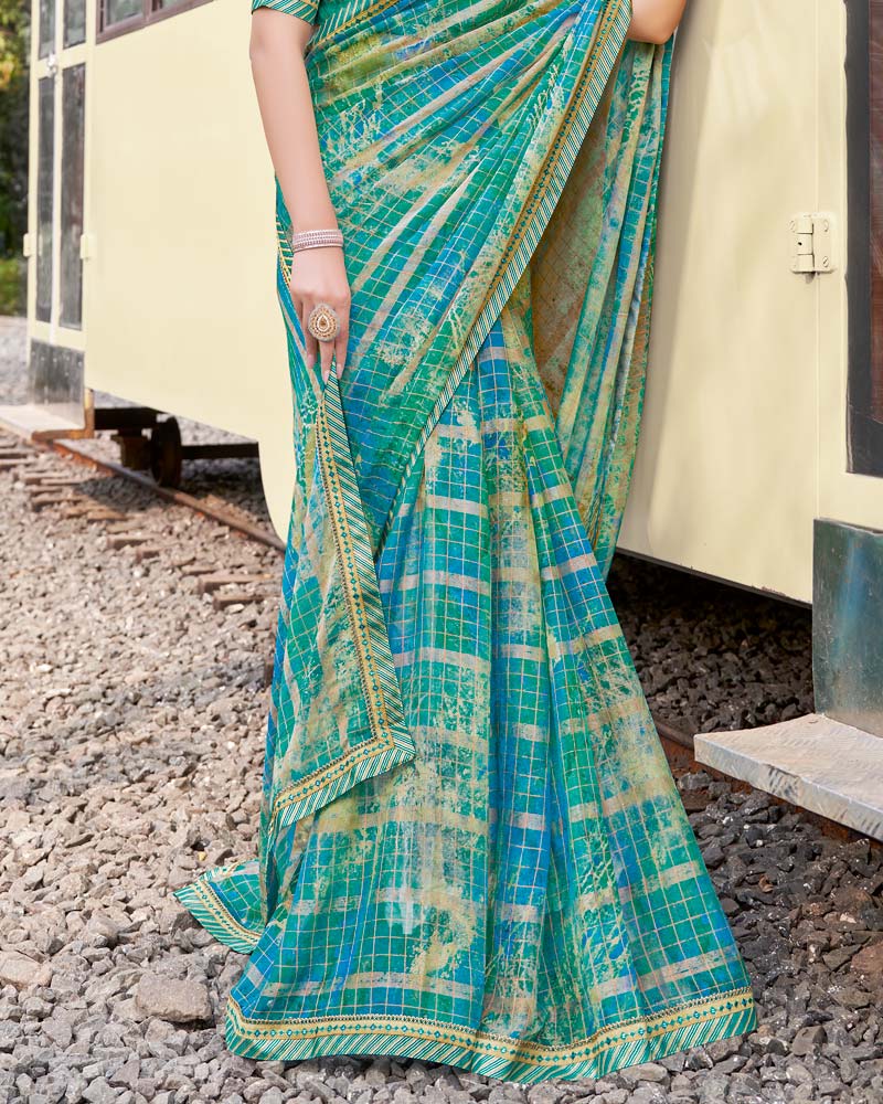 Vishal Prints Mint Green And Electric Blue Digital Print Patterned Chiffon Saree With Fancy Border