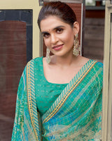 Vishal Prints Mint Green And Electric Blue Digital Print Patterned Chiffon Saree With Fancy Border