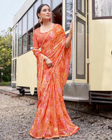 Vishal Prints Persian Orange Digital Print Patterned Chiffon Saree With Fancy Border