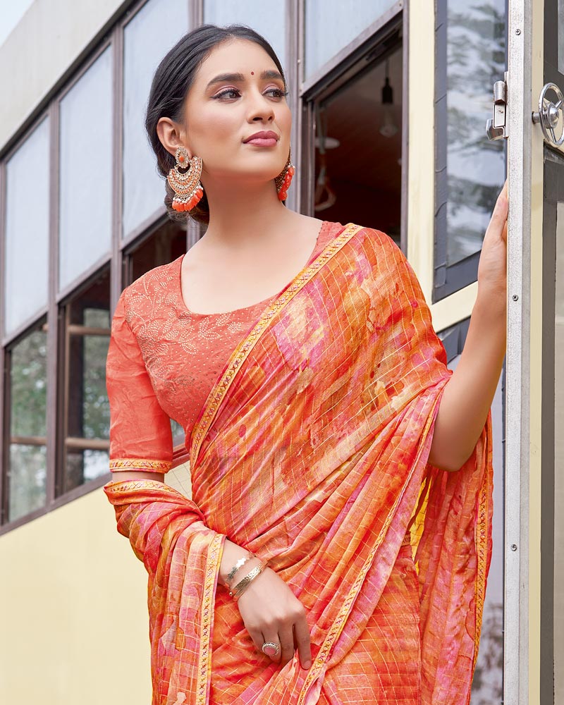 Vishal Prints Persian Orange Digital Print Patterned Chiffon Saree With Fancy Border