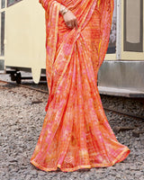 Vishal Prints Persian Orange Digital Print Patterned Chiffon Saree With Fancy Border