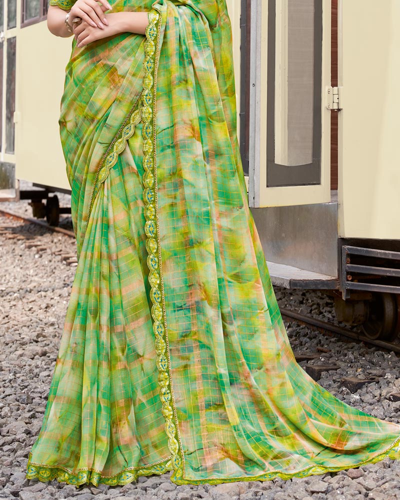 Vishal Prints Multi Green Digital Print Patterned Chiffon Saree With Fancy Border