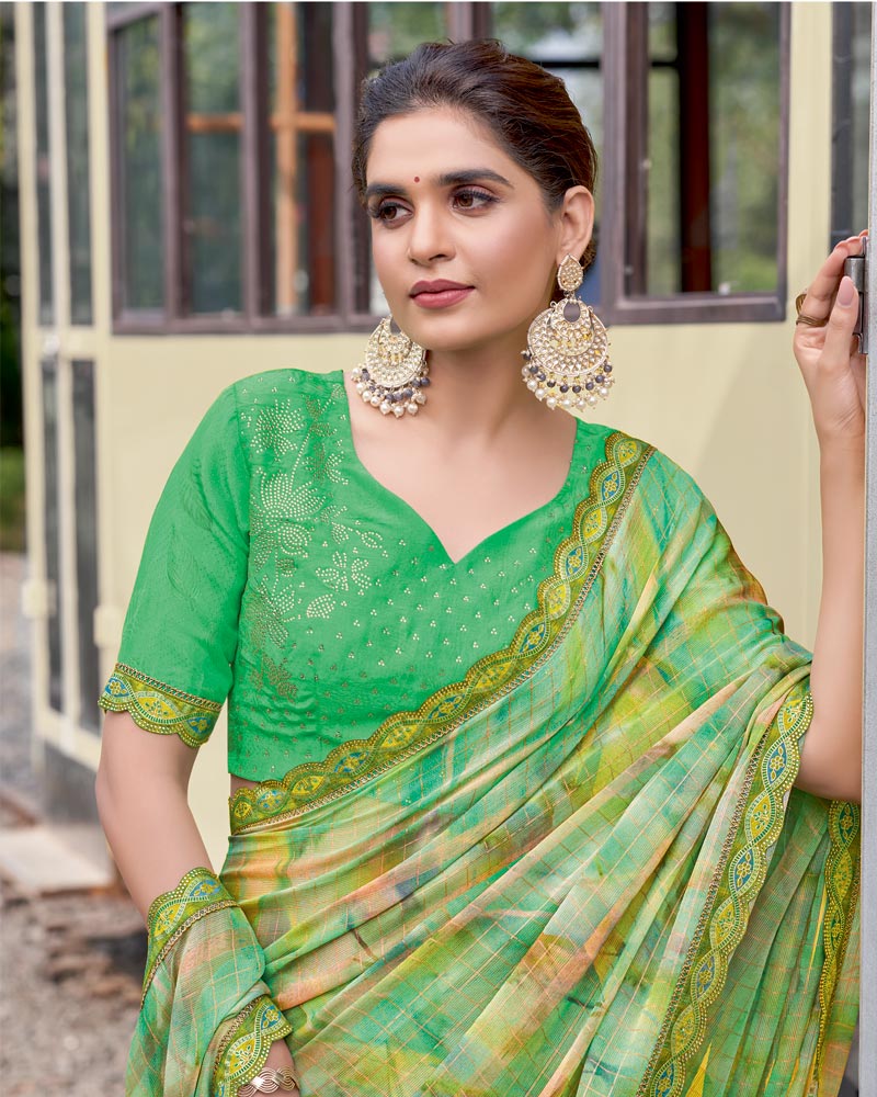 Vishal Prints Multi Green Digital Print Patterned Chiffon Saree With Fancy Border