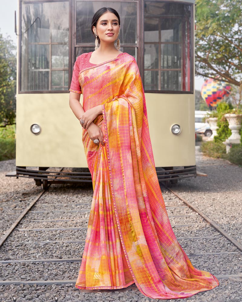 Vishal Prints Light Orange And Rose Pink Digital Print Patterned Chiffon Saree With Fancy Border
