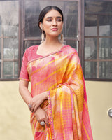 Vishal Prints Light Orange And Rose Pink Digital Print Patterned Chiffon Saree With Fancy Border