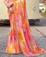 Vishal Prints Light Orange And Rose Pink Digital Print Patterned Chiffon Saree With Fancy Border