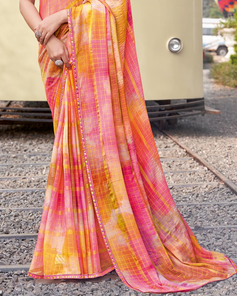 Vishal Prints Light Orange And Rose Pink Digital Print Patterned Chiffon Saree With Fancy Border