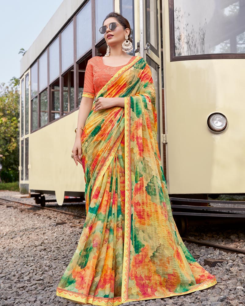 Vishal Prints Apricot Orange And Forest Green Digital Print Patterned Chiffon Saree With Fancy Border