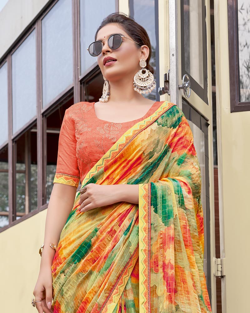 Vishal Prints Apricot Orange And Forest Green Digital Print Patterned Chiffon Saree With Fancy Border