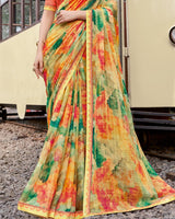 Vishal Prints Apricot Orange And Forest Green Digital Print Patterned Chiffon Saree With Fancy Border