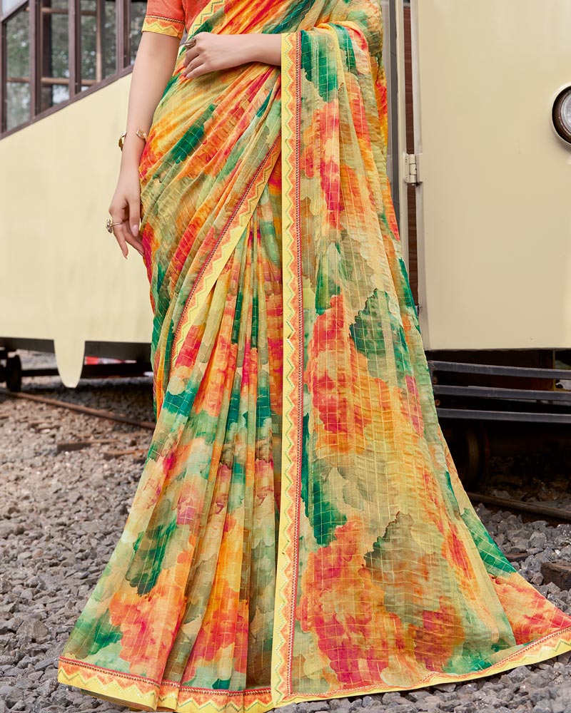 Vishal Prints Apricot Orange And Forest Green Digital Print Patterned Chiffon Saree With Fancy Border