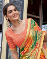 Vishal Prints Apricot Orange And Forest Green Digital Print Patterned Chiffon Saree With Fancy Border