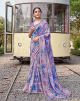 Vishal Prints Dusty Lavender Digital Print Patterned Chiffon Saree With Fancy Border