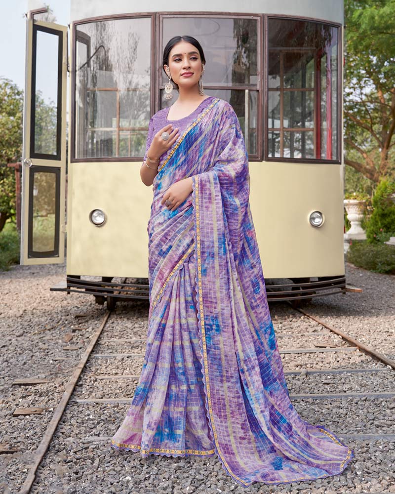 Vishal Prints Dusty Lavender Digital Print Patterned Chiffon Saree With Fancy Border