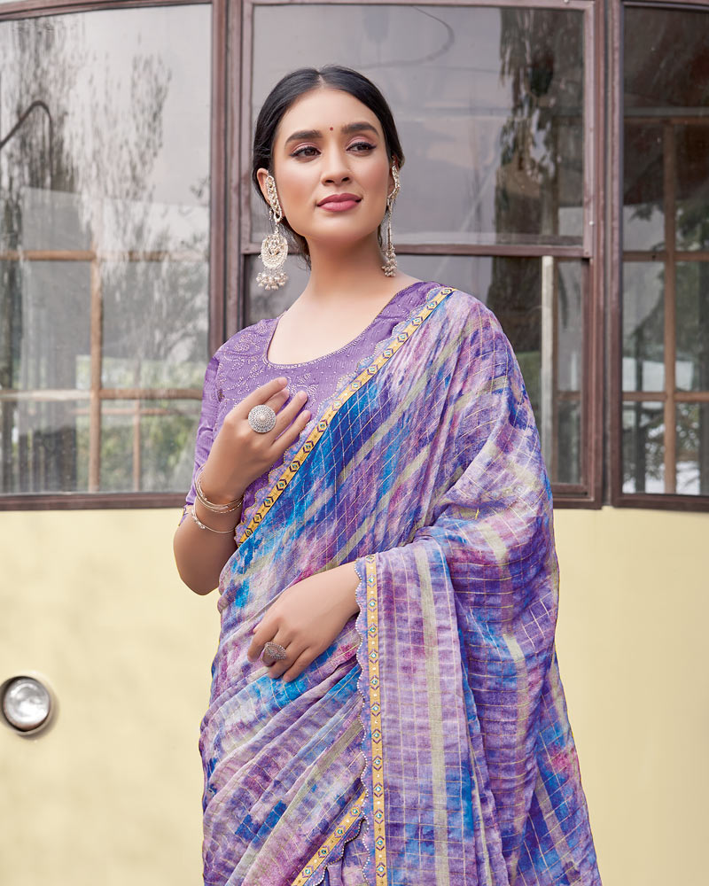 Vishal Prints Dusty Lavender Digital Print Patterned Chiffon Saree With Fancy Border
