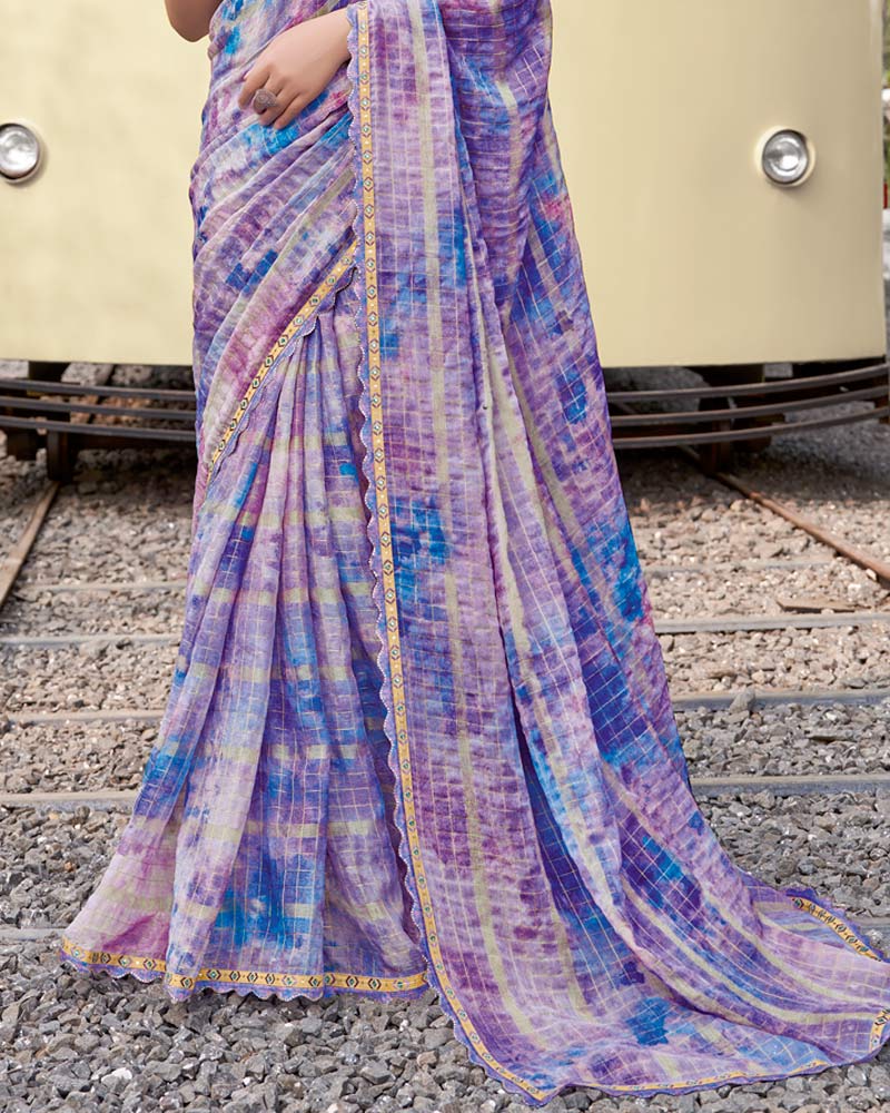 Vishal Prints Dusty Lavender Digital Print Patterned Chiffon Saree With Fancy Border