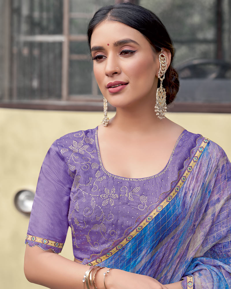 Vishal Prints Dusty Lavender Digital Print Patterned Chiffon Saree With Fancy Border
