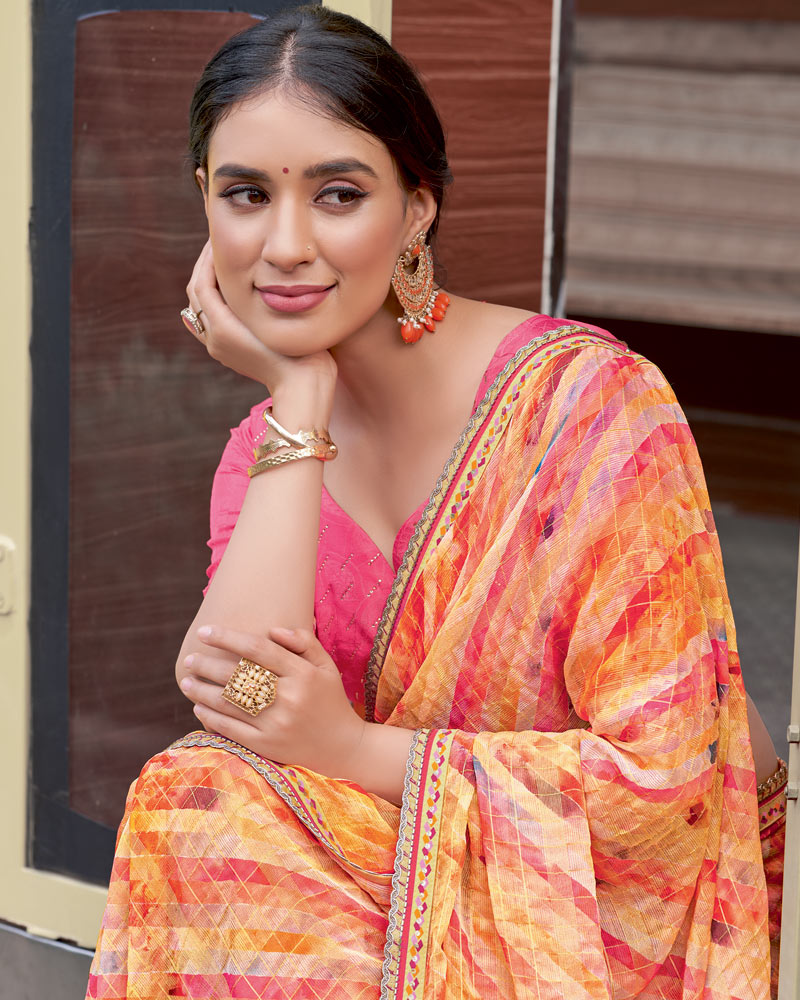 Vishal Prints Multicolored Digital Print Patterned Chiffon Saree With Fancy Border