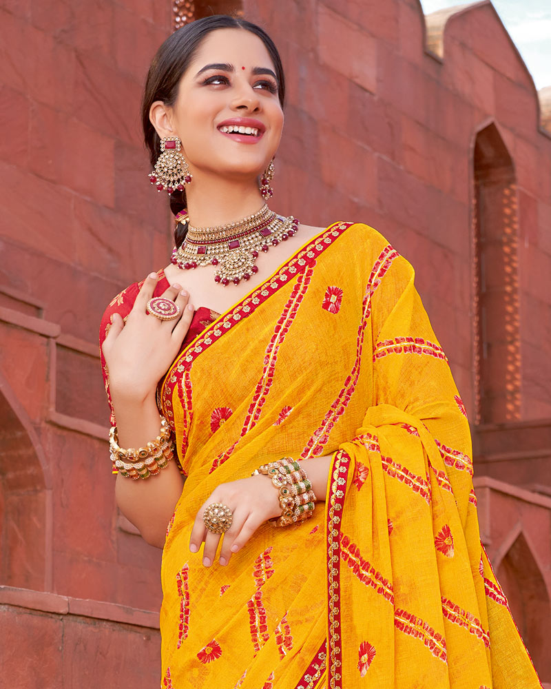 Vishal Prints Dark Yellow Printed Fancy Chiffon Traditional Saree With Foil Print And Border