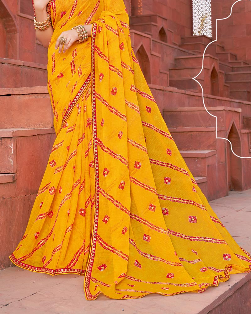 Vishal Prints Dark Yellow Printed Fancy Chiffon Traditional Saree With Foil Print And Border
