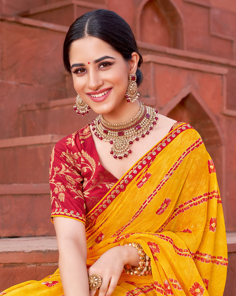 Vishal Prints Dark Yellow Printed Fancy Chiffon Traditional Saree With Foil Print And Border