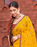 Vishal Prints Dark Yellow Printed Fancy Chiffon Traditional Saree With Foil Print And Border