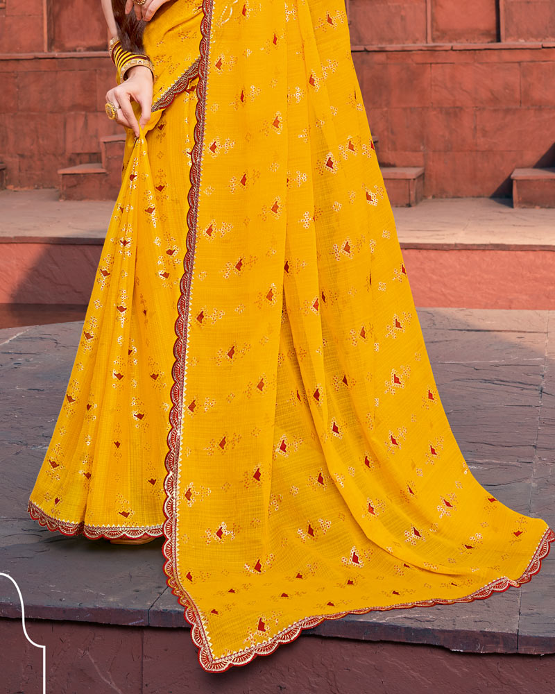 Vishal Prints Dark Yellow Printed Fancy Chiffon Traditional Saree With Foil Print And Border