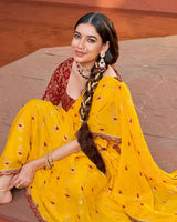 Vishal Prints Dark Yellow Printed Fancy Chiffon Traditional Saree With Foil Print And Border
