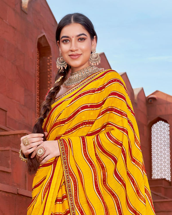 Vishal Prints Dark Yellow Printed Fancy Chiffon Traditional Saree With Foil Print And Border