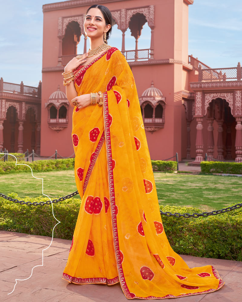 Vishal Prints Dark Yellow Printed Fancy Chiffon Traditional Saree With Foil Print And Border