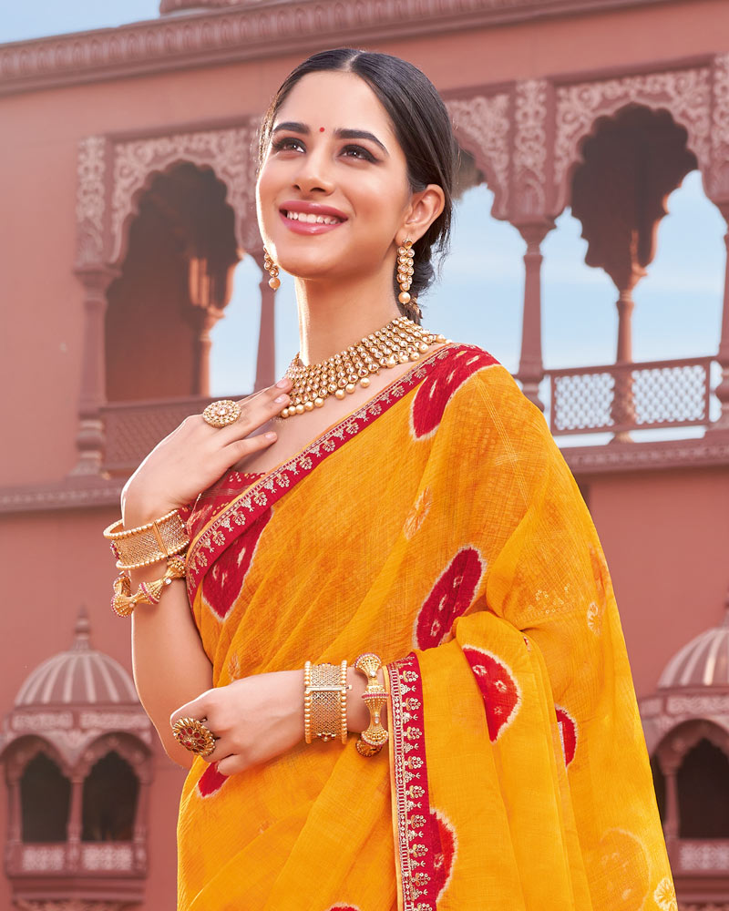 Vishal Prints Dark Yellow Printed Fancy Chiffon Traditional Saree With Foil Print And Border