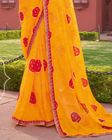 Vishal Prints Dark Yellow Printed Fancy Chiffon Traditional Saree With Foil Print And Border