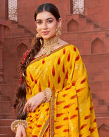 Vishal Prints Dark Yellow Printed Fancy Chiffon Traditional Saree With Foil Print And Border