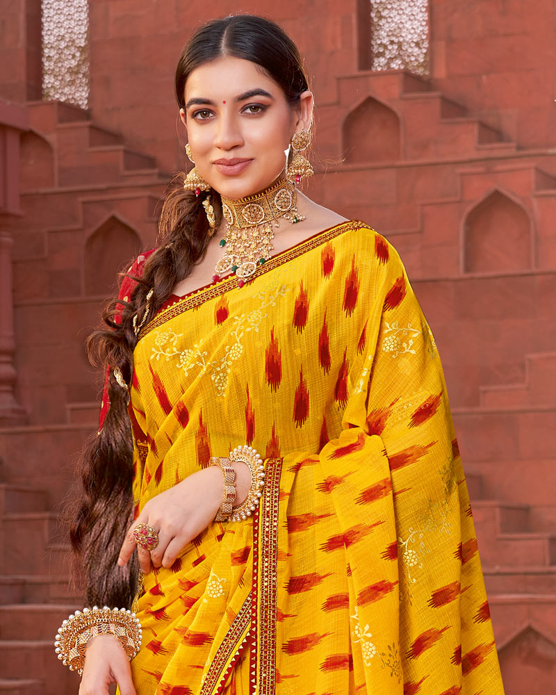 Vishal Prints Dark Yellow Printed Fancy Chiffon Traditional Saree With Foil Print And Border