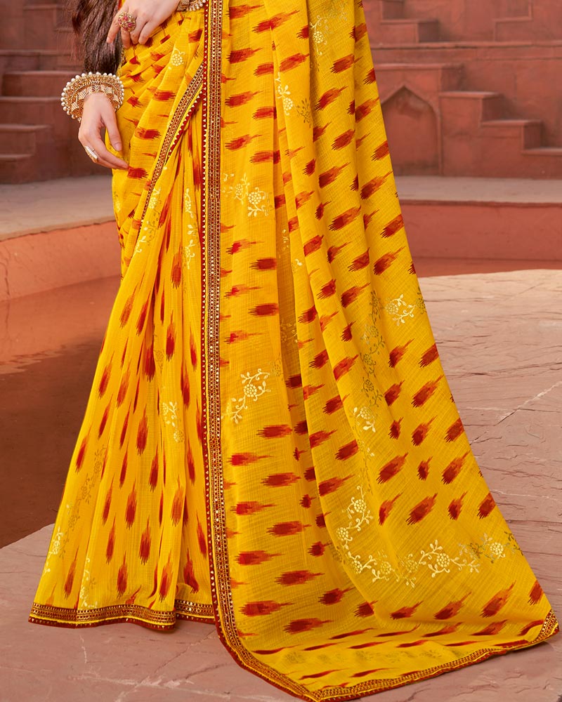 Vishal Prints Dark Yellow Printed Fancy Chiffon Traditional Saree With Foil Print And Border