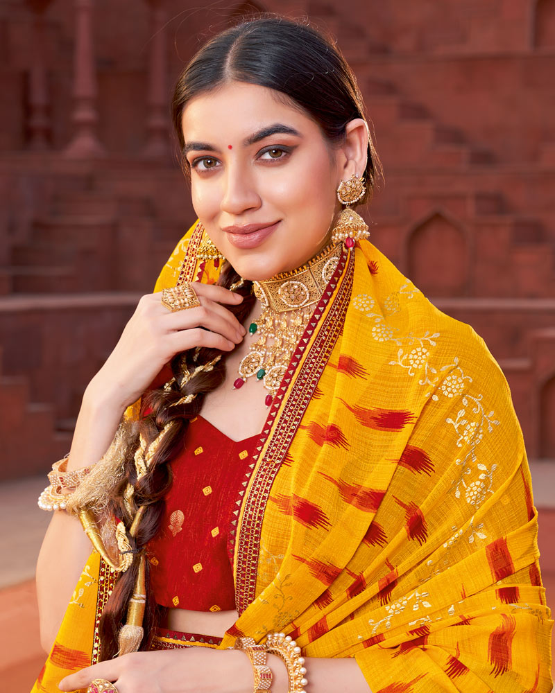 Vishal Prints Dark Yellow Printed Fancy Chiffon Traditional Saree With Foil Print And Border