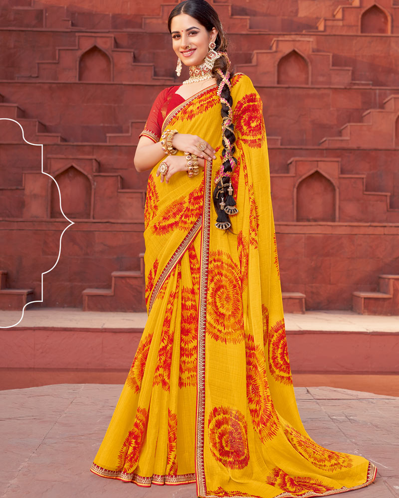 Vishal Prints Dark Yellow Printed Fancy Chiffon Traditional Saree With Foil Print And Border