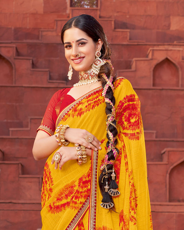 Vishal Prints Dark Yellow Printed Fancy Chiffon Traditional Saree With Foil Print And Border