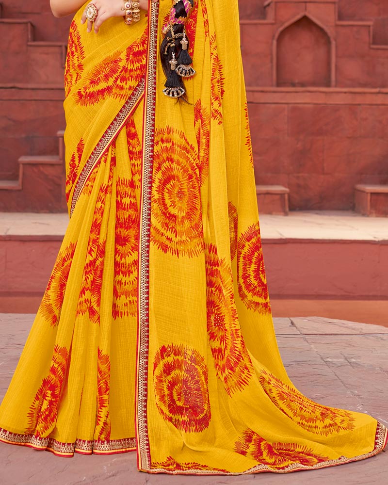 Vishal Prints Dark Yellow Printed Fancy Chiffon Traditional Saree With Foil Print And Border