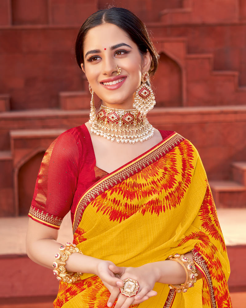 Vishal Prints Dark Yellow Printed Fancy Chiffon Traditional Saree With Foil Print And Border