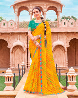 Vishal Prints Yellow Orange Fancy Chiffon Traditional Print Saree With Foil Print And Cut Work Border