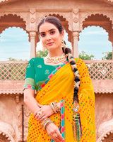 Vishal Prints Yellow Orange Fancy Chiffon Traditional Print Saree With Foil Print And Cut Work Border