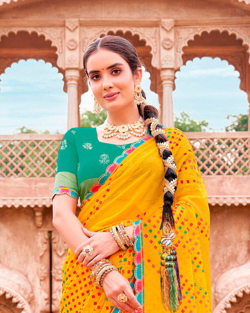 Vishal Prints Yellow Orange Fancy Chiffon Traditional Print Saree With Foil Print And Cut Work Border