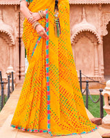Vishal Prints Yellow Orange Fancy Chiffon Traditional Print Saree With Foil Print And Cut Work Border