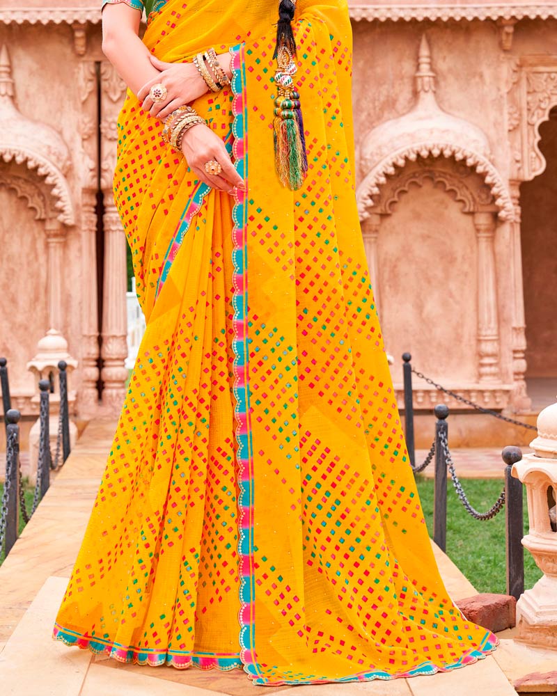 Vishal Prints Yellow Orange Fancy Chiffon Traditional Print Saree With Foil Print And Cut Work Border