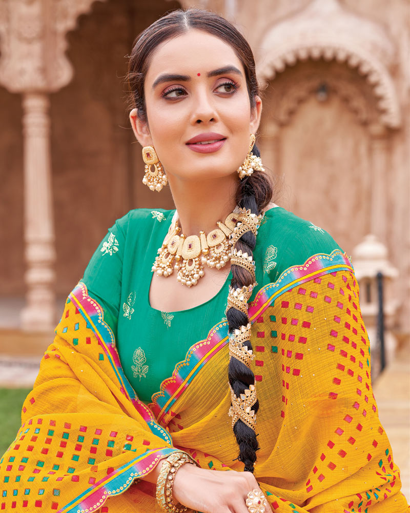 Vishal Prints Yellow Orange Fancy Chiffon Traditional Print Saree With Foil Print And Cut Work Border