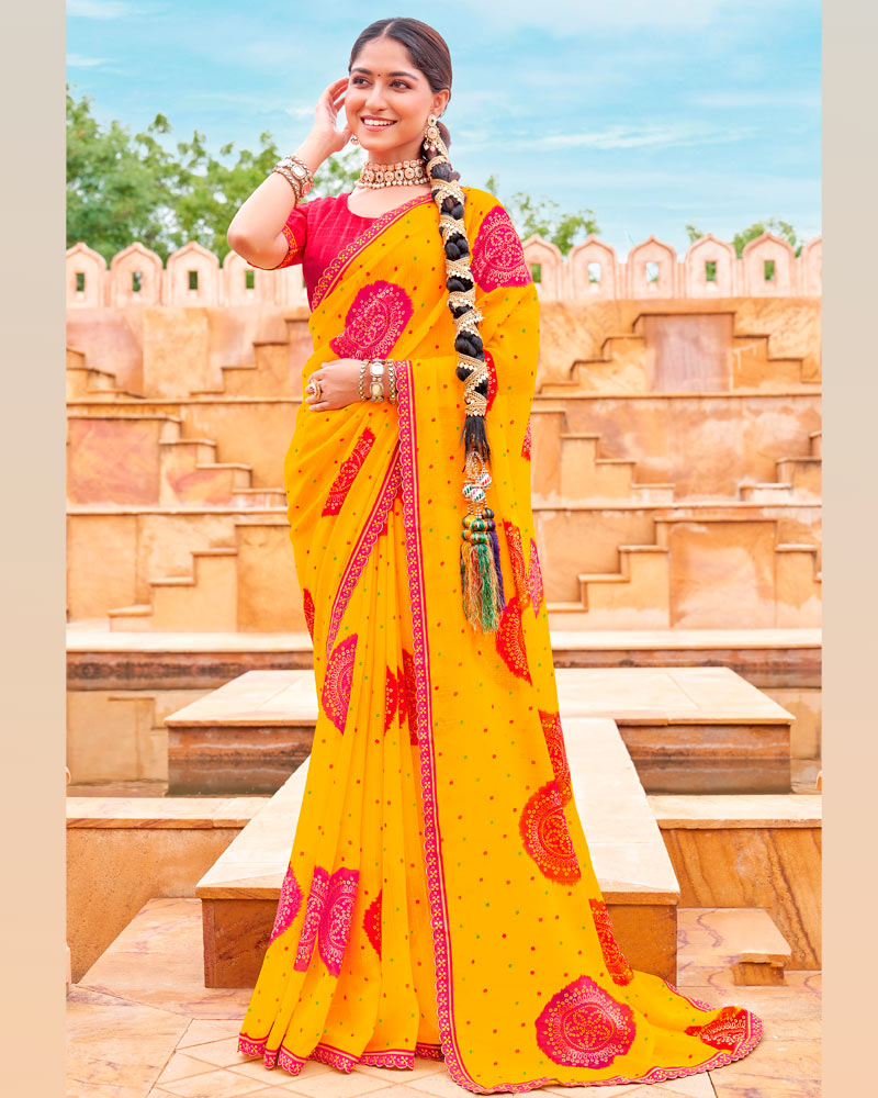Vishal Prints Dark Yellow And Raspberry Pink Fancy Chiffon Traditional Print Saree With Foil Print And Cut Work Border