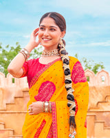 Vishal Prints Dark Yellow And Raspberry Pink Fancy Chiffon Traditional Print Saree With Foil Print And Cut Work Border