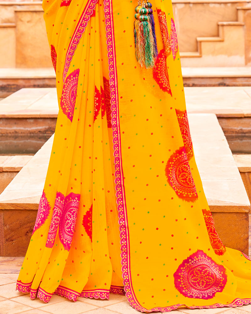 Vishal Prints Dark Yellow And Raspberry Pink Fancy Chiffon Traditional Print Saree With Foil Print And Cut Work Border